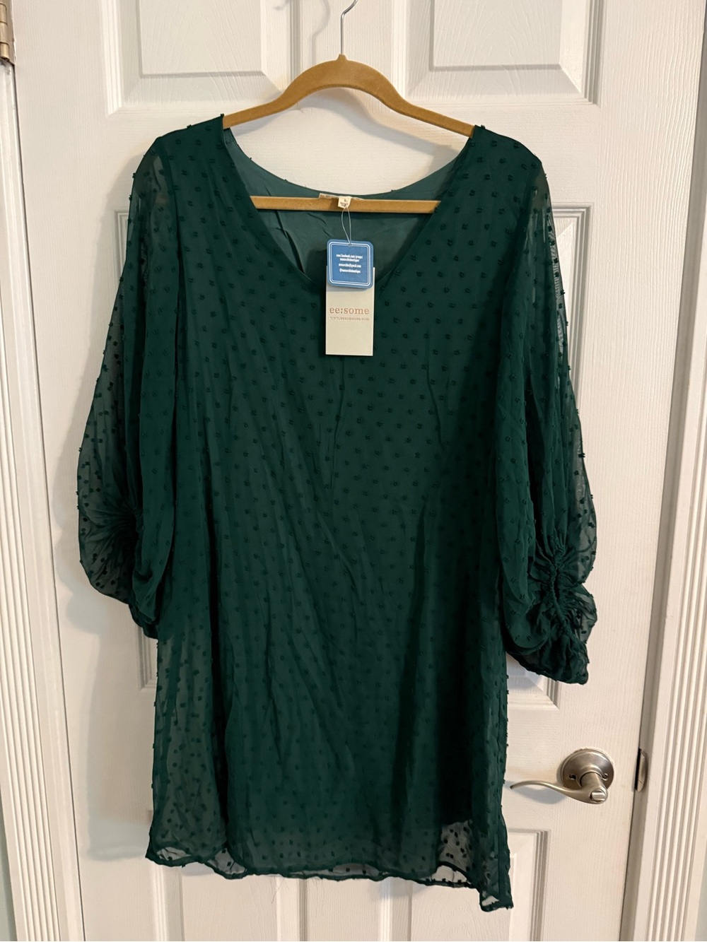 eesome Dark Green Swiss Dot V-Neck Shift Dress